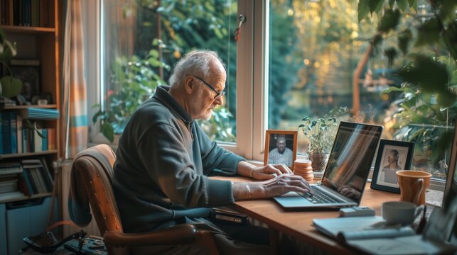 Elderly male use laptop computer at home
