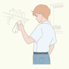 Man holding rag, cleaning up dust from shelf. Hand drawn flat cartoon character vector illustration.