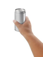 hand holding metal can, transparent background