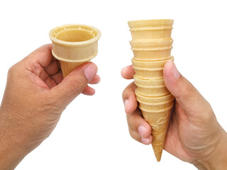 hand holding blank crispy ice cream cone, transparent background