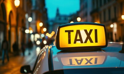 Picture of a taxi sign on a car roof. Taxi transport detail against night blur city.
