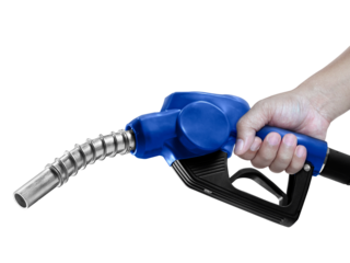 Hands holding Fuel blue nozzle with hose. transparent background