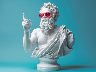 White bust statue wearing red sunglasses, wearing baseball cap, pointing finger on side, colorful background 