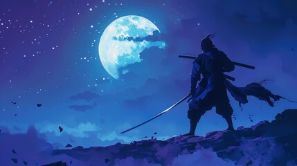illustration of a ninja carrying a sword during a full moon.Ai generated