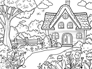 Obraz premium Coloring book, children's, house in the forest, yard, lawn and flowers. Vector, generative ai.