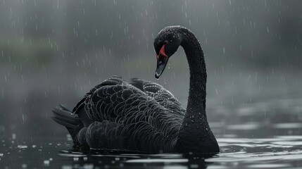 Beautiful black swan with red beak swimming, Swan swimming in water, on dark background. Ai generated