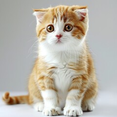 座っている橙色と白のスコティッシュフォールド猫(正面,背景無し,白背景)-生成AI