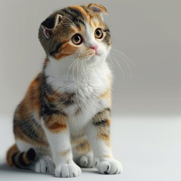 座っている三毛のスコティッシュフォールド猫(正面,背景無し,白背景)-生成AI