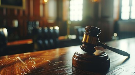 A close-up of a judge's gavel on a table, symbolizing a hearing in court. - obrazy, fototapety, plakaty