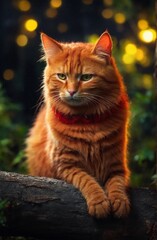 Obraz premium Red Cat looks at the night sky. Animal resting in the forest, bokeh, red and yellow and green lighting