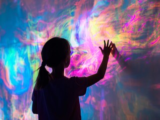 Silhouette of a woman engaging with a colorful and dynamic light display that forms abstract patterns on the wall.