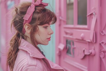 Chica aesthetic con lazo coquette, mujer vestida de rosa con lazo en la cabeza 
