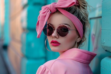 Retrato mujer con lazo rosa y vestido, tendencia coquette street style - obrazy, fototapety, plakaty