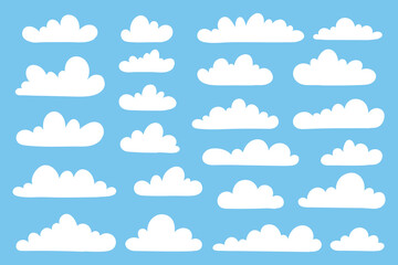 Clouds icons set on a blue background. Cartoon clouds vector set. Weather forecast symbols set