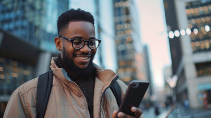 5G Digital Connection, Young Black or Arab Man Engaging with Smartphone for Online Social Media in Urban Setting, City Banner Concept.