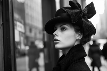 Mujer de los 50s vestida con mucho glamour y estilo en blanco y negro, recuerdo mujer millonaria paseando por New York 