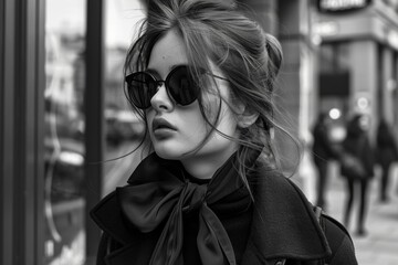 fotografía en blanco y negro de una mujer joven elegante con estilo coquette, moda trendy con lazos 