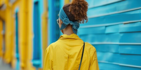 Mujer con lazo azul en la cabeza estilo coquette, mujer street style con fondo de colores y ropa amarilla  - obrazy, fototapety, plakaty