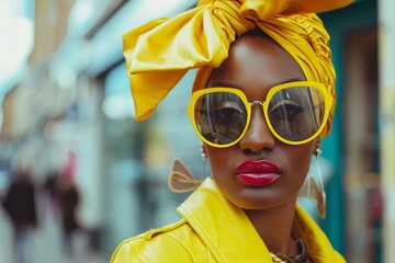 Mujer guapa con lazo amarillo en la cabeza estilo coquette, estilo urbano trendy 