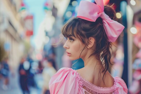 Retrato mujer con lazo rosa y vestido, tendencia coquette street style