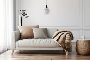 Living Room Interior with Brown Leather Sofa and White Leaf Wall Art

