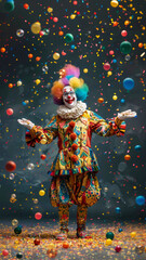 A funny classic clown welcomes his audience into the circus arena, colourful costume - obrazy, fototapety, plakaty