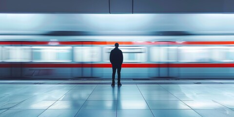 hombre esperando el tren del aeropuerto en Barcelona - obrazy, fototapety, plakaty