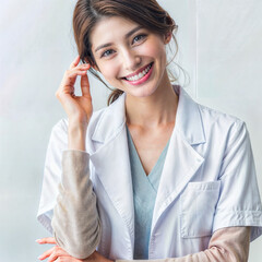 a smiling woman in a white lab coat, a stock photo , trending on shutterstock, neoplasticism, stockphoto, stock photo, white background