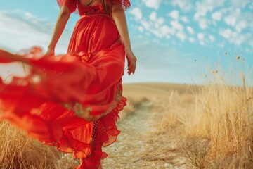 mujer paseando por los campos de maiz al amanecer, chica con vestido rojo movido por el viento de Italia  - obrazy, fototapety, plakaty