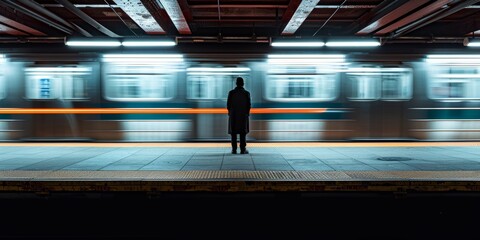 fotografía callejera hombre esperando en el andén mientras pasa el tren a toda velocidad  - obrazy, fototapety, plakaty