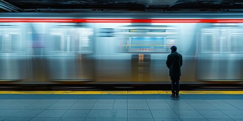 fotografía callejera hombre esperando en el andén mientras pasa el tren a toda velocidad 