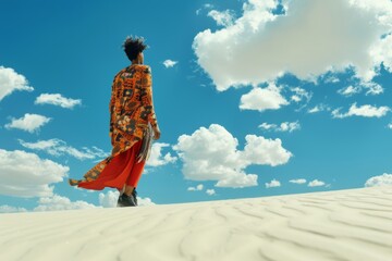 nueva colección de moda sostenible contra el cambio climático, modelo posando en el desierto con vestido de color naranja 