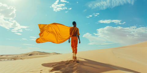 sesión de fotos nueva colección de moda sostenible contra el cambio climático, modelo posando en el desierto con ropa de color naranja 