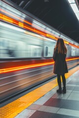 Mujer esperando el tren en el andén de Madrid, retrato minimalista mujer esperando el subway por la noche - obrazy, fototapety, plakaty