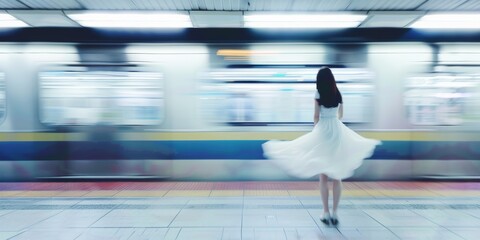 Mujer con vestido blanco y el tren pasando a toda velocidad, mujer sorprendida en el andén 