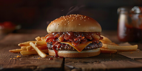 close up burger french fries and ketchup on wooden surface, side view fast food hamburger chips and...
