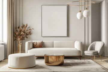 Fototapeta na wymiar Mockup living room with white photo frame, Modern interior design