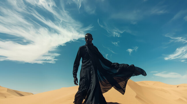 sesi&oacute;n de fotos nueva colecci&oacute;n de moda sostenible contra el cambio clim&aacute;tico, modelo posando en el desierto con telas vaporosas 