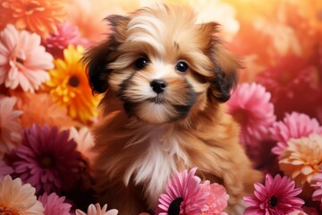 Adorable puppy surrounded by flowers - ideal for mothers day and birthday cards