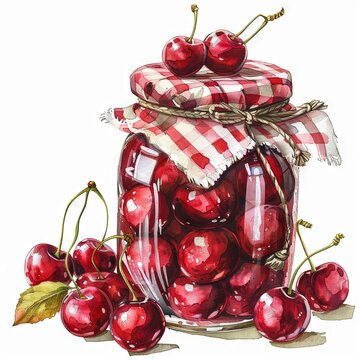 Watercolor nature illustration for children, jar of cherry jam, white background. ai generated
