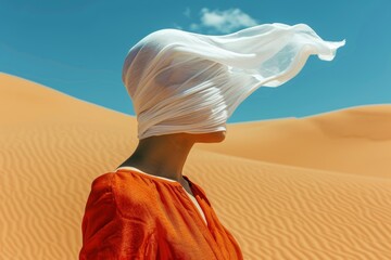 Retrato misterioso de una mujer en el desierto, fotografía minimalista en las dunas  - obrazy, fototapety, plakaty