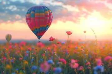 Enchanting Hot Air Balloon Floating Above a Flower Field at Sunset