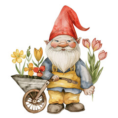 Cheerful watercolor illustration of a gnome with a wheelbarrow full of vibrant spring flowers. - obrazy, fototapety, plakaty