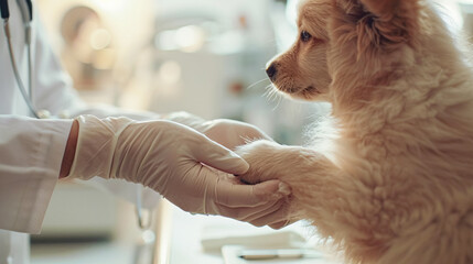 A cute little fluffy white puppy at a vet's appointment wearing gloves and a medical coat. The concept of pet care. Veterinarian's Day - obrazy, fototapety, plakaty