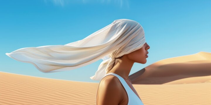 Retrato minimalista en el desierto con una mujer con una tela en la cabeza, fotograf&iacute;a editorial nueva colecci&oacute;n de ropa 