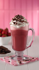 Strawberry smoothie topped with whipped cream and chocolate served on a glass mug on top of a white table and a pink wall in the background by Nikon D7000, centered, perfect composition