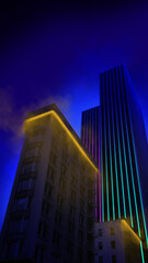 Poster, Contemporary art collage. Futuristic city with skyscrapers and neon lights. Urban street...