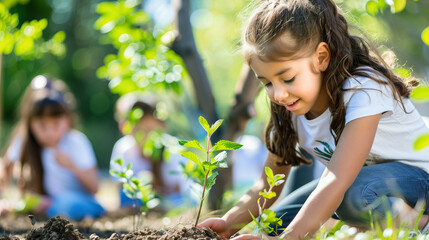 Young Girl with friends in background Carefully Planting Seedling in Soil, Schoolchildren Learning About Gardening, ecology and sustainable lifestyle