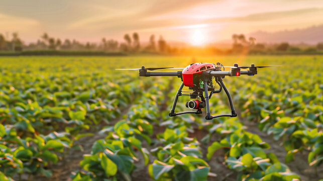 High-Tech Drone with Camera flying Over Agricultural Field