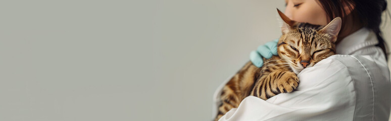A veterinarian in a white medical coat holds a beautiful Bengal cat in his arms. Pet care concept, routine checkup. Veterinarian's Day. Banner, place for text - obrazy, fototapety, plakaty